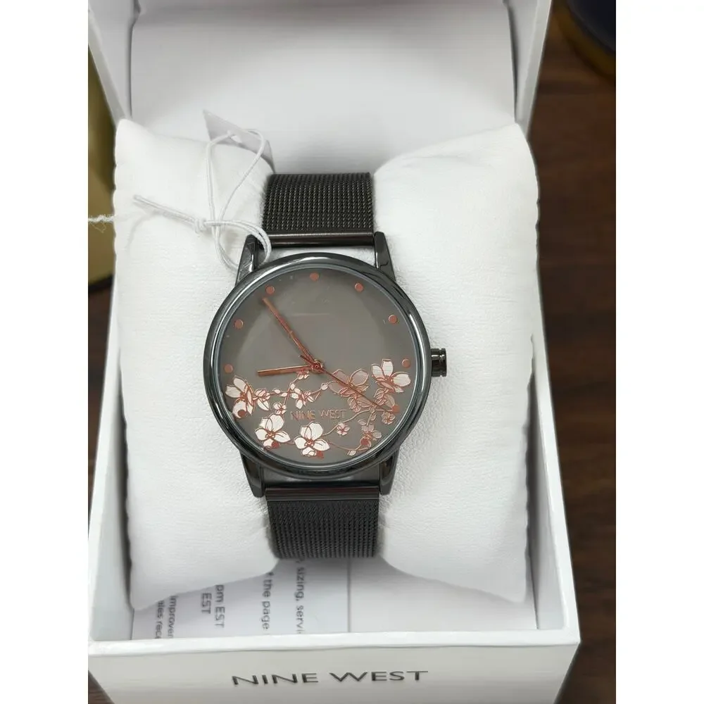 Nine West Floral Dial Mesh Watch NW/2429FLGY Gunmetal Rose Gold NIB